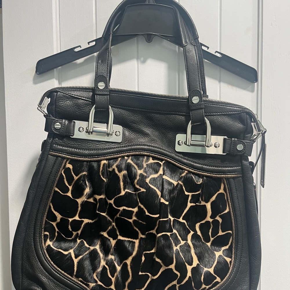 b. makowsky Black and Brown Shoulder Bag with Exotic Print